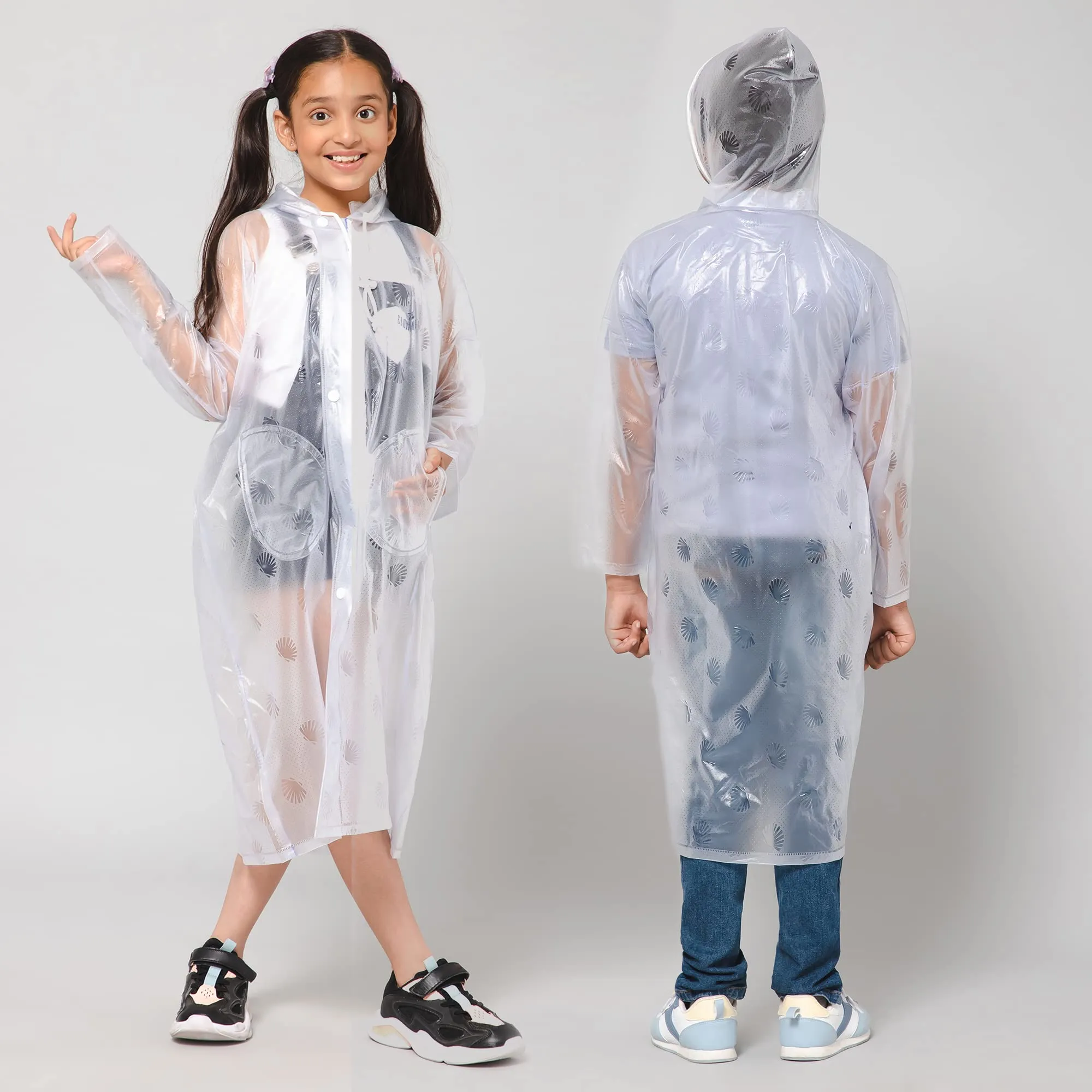 THE CLOWNFISH Storm Shield Series Unisex Kids Waterproof Single Layer PVC Longcoat/Raincoat with Adjustable Hood. Age-9-10 Years (Transparent White)