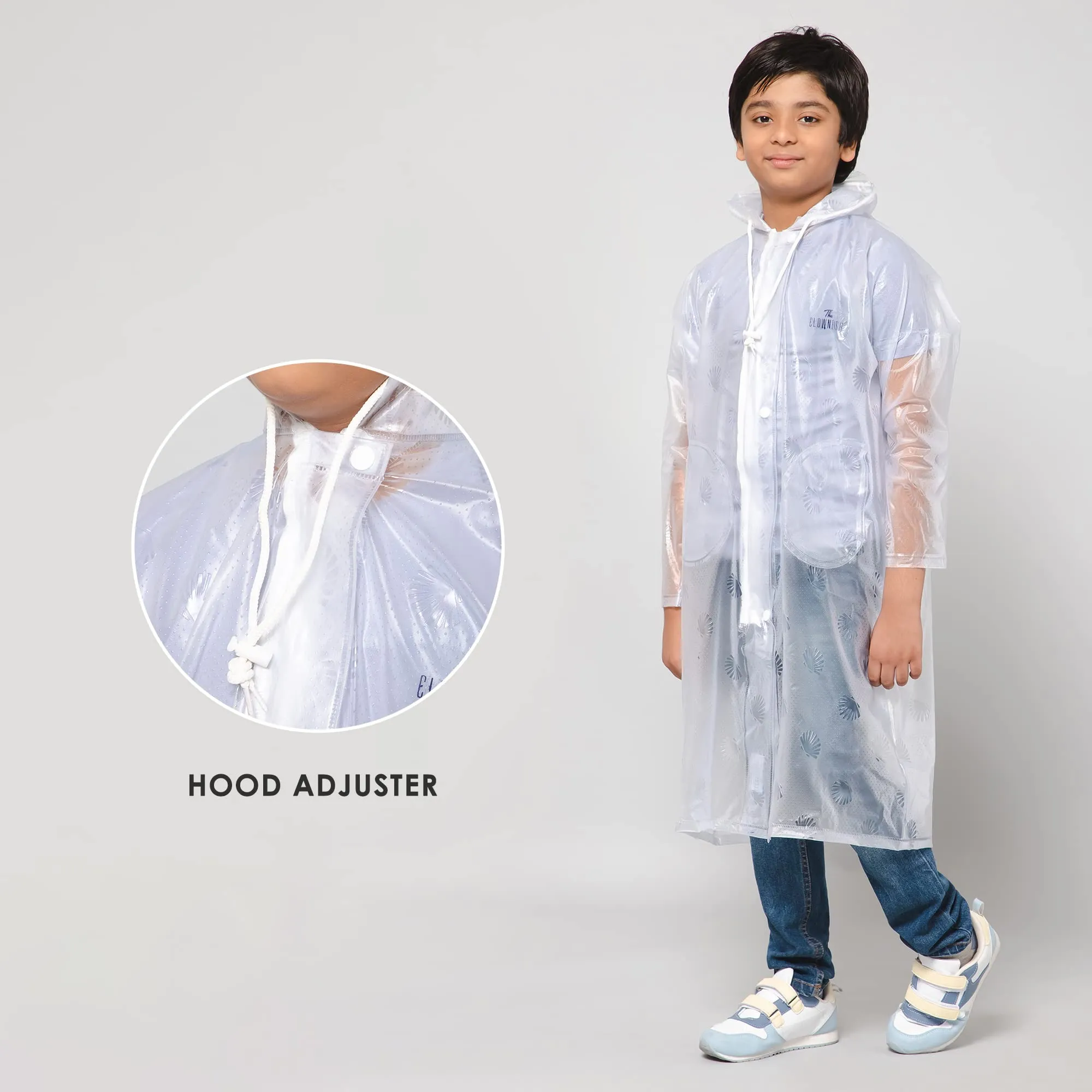 THE CLOWNFISH Storm Shield Series Unisex Kids Waterproof Single Layer PVC Longcoat/Raincoat with Adjustable Hood. Age-9-10 Years (Transparent White)