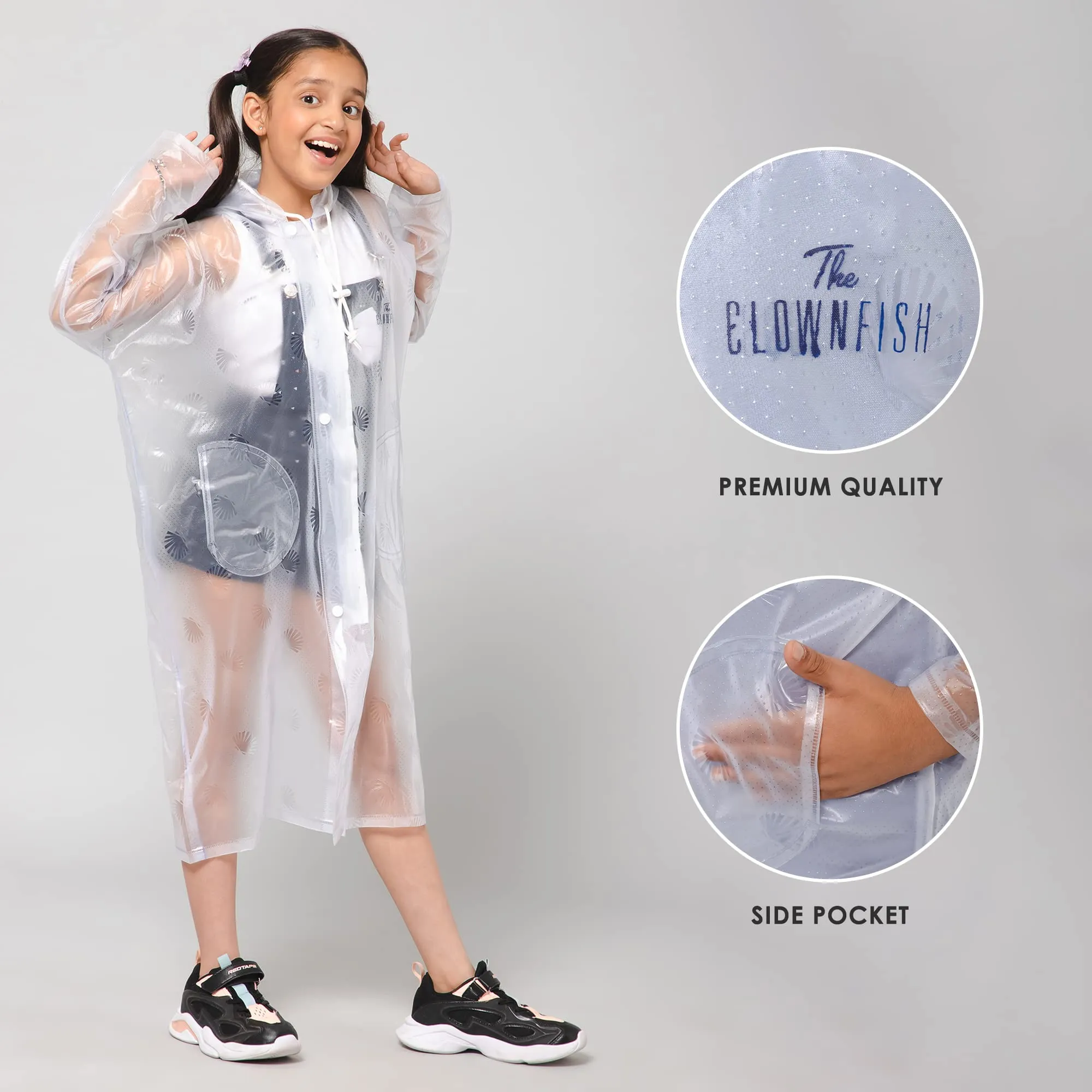 THE CLOWNFISH Storm Shield Series Unisex Kids Waterproof Single Layer PVC Longcoat/Raincoat with Adjustable Hood. Age-9-10 Years (Transparent White)