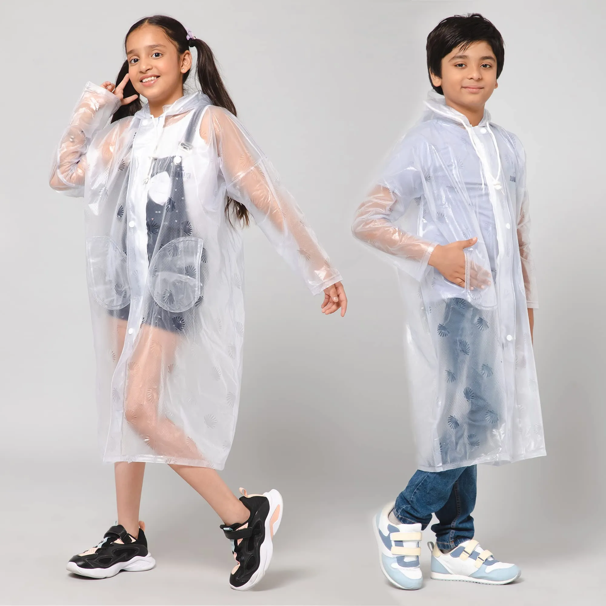 THE CLOWNFISH Storm Shield Series Unisex Kids Waterproof Single Layer PVC Longcoat/Raincoat with Adjustable Hood. Age-9-10 Years (Transparent White)