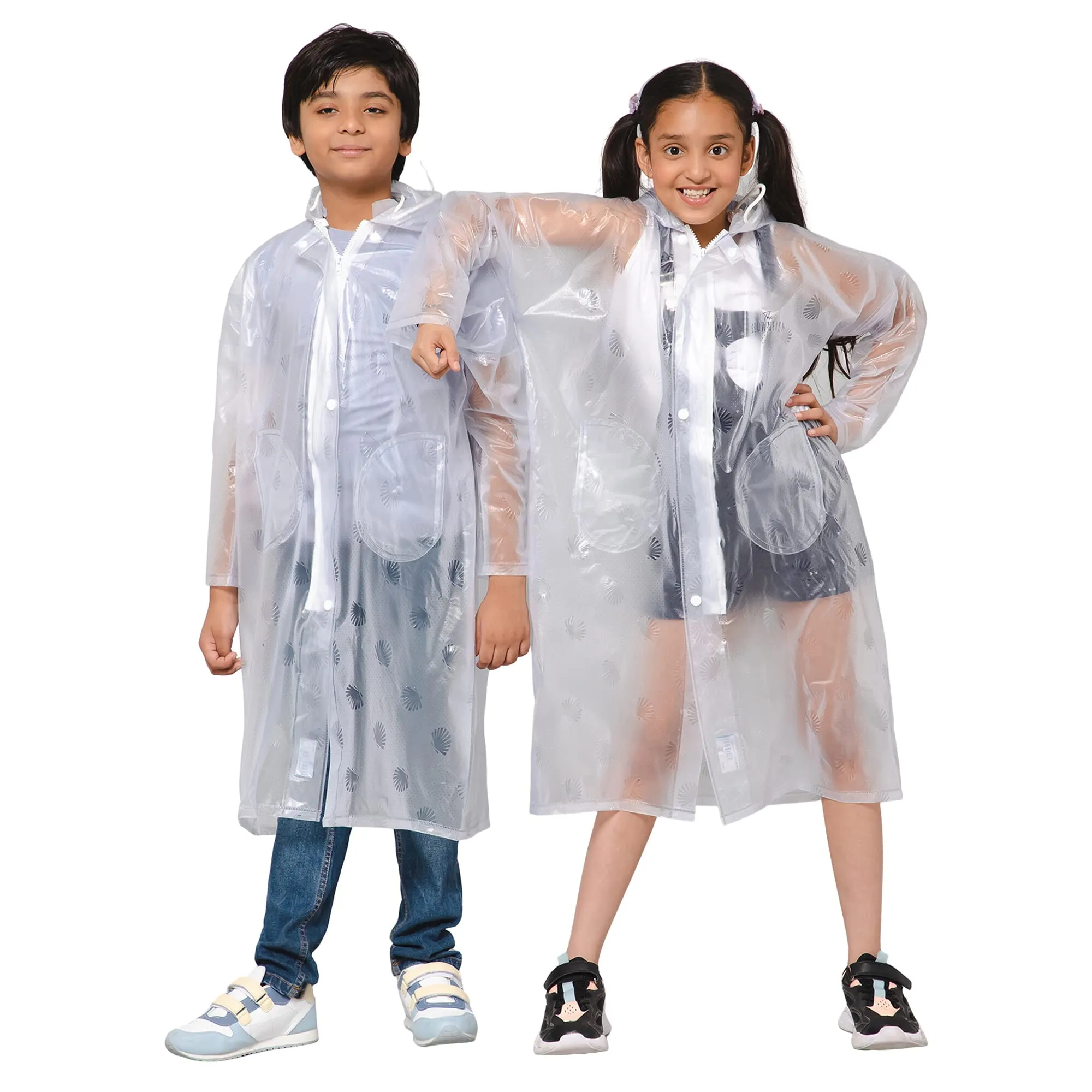 THE CLOWNFISH Storm Shield Series Unisex Kids Waterproof Single Layer PVC Longcoat/Raincoat with Adjustable Hood. Age-9-10 Years (Transparent White)