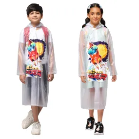 THE CLOWNFISH Toon Caper Series Kids Waterproof PVC Longcoat with Adjustable Hood & Extra Space for Backpack/Schoolbag Holding. Printed Plastic Pouch. Kid Age-6-7 years (Link White-Transparent)