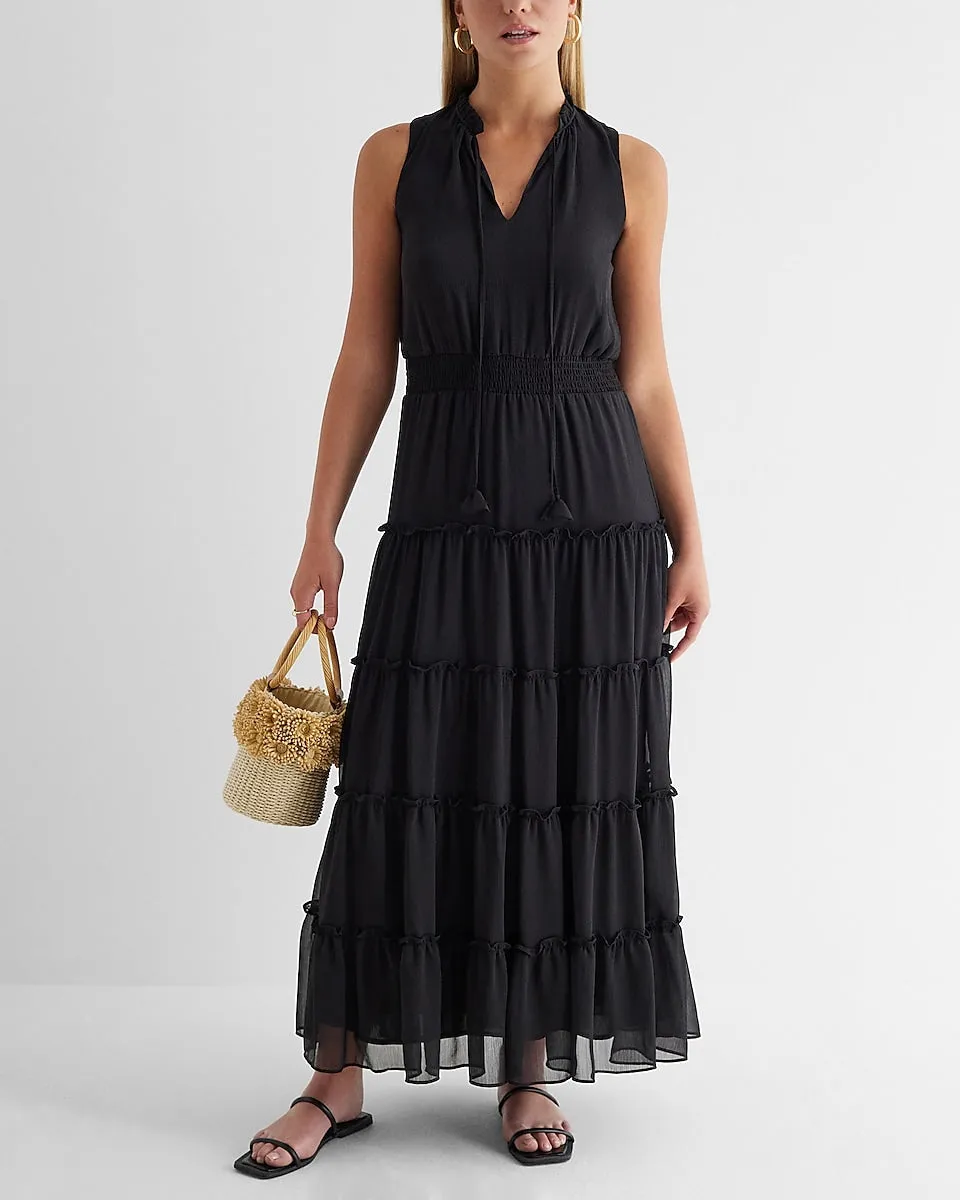 V-Neck Tiered Maxi Dress in Pitch Black