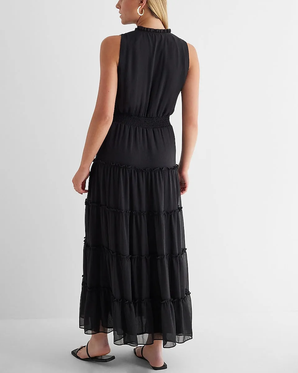 V-Neck Tiered Maxi Dress in Pitch Black