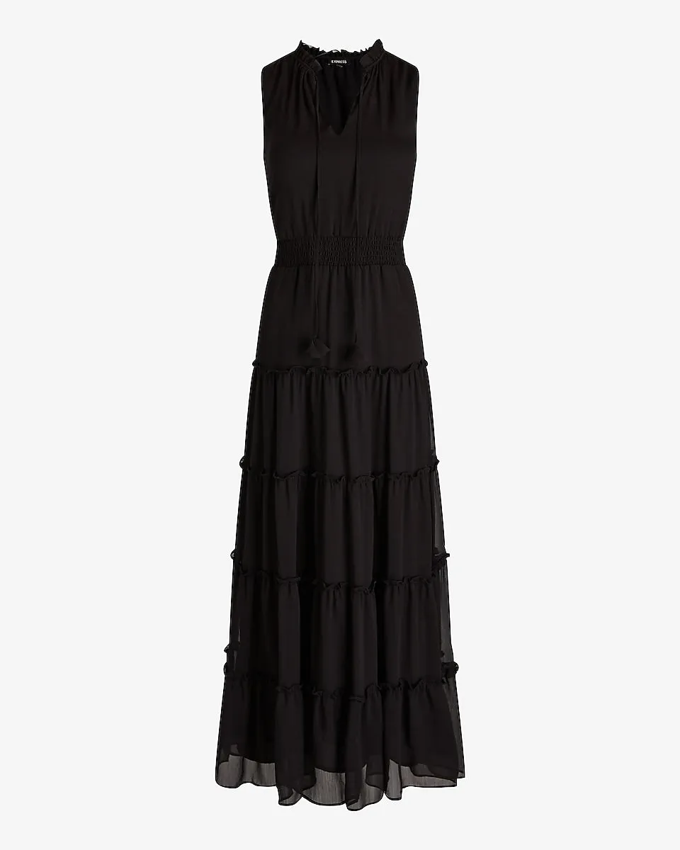 V-Neck Tiered Maxi Dress in Pitch Black