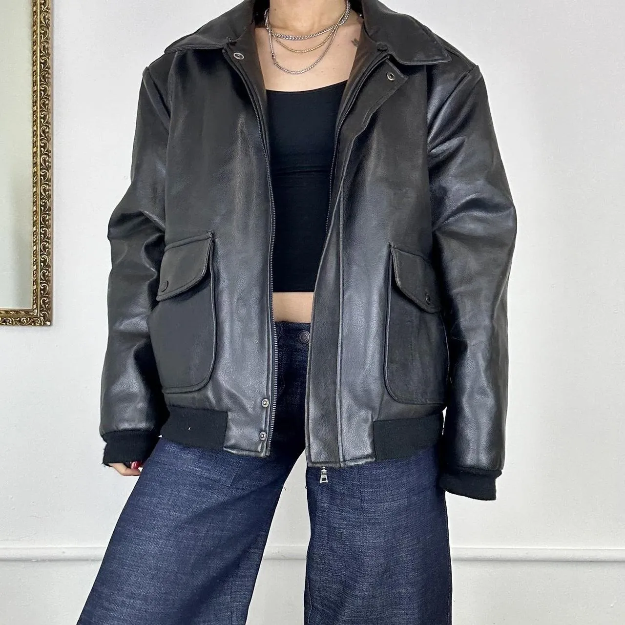 vintage faux leather bomber jacket