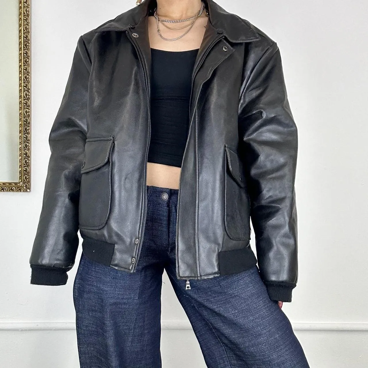 vintage faux leather bomber jacket