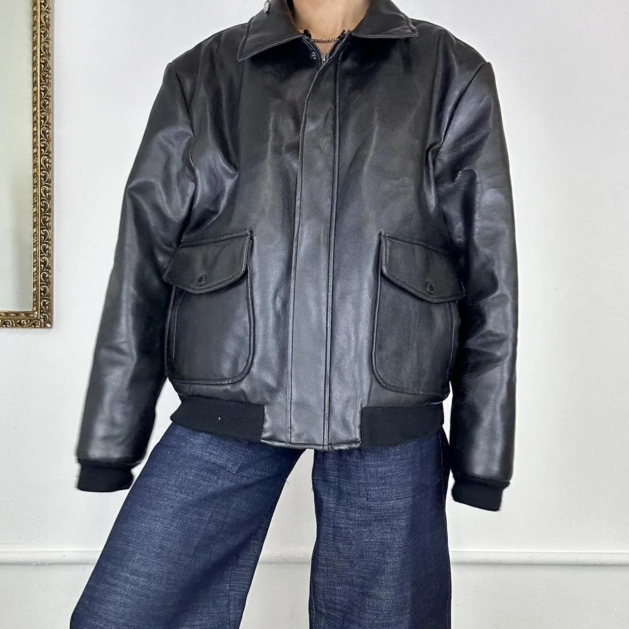 vintage faux leather bomber jacket