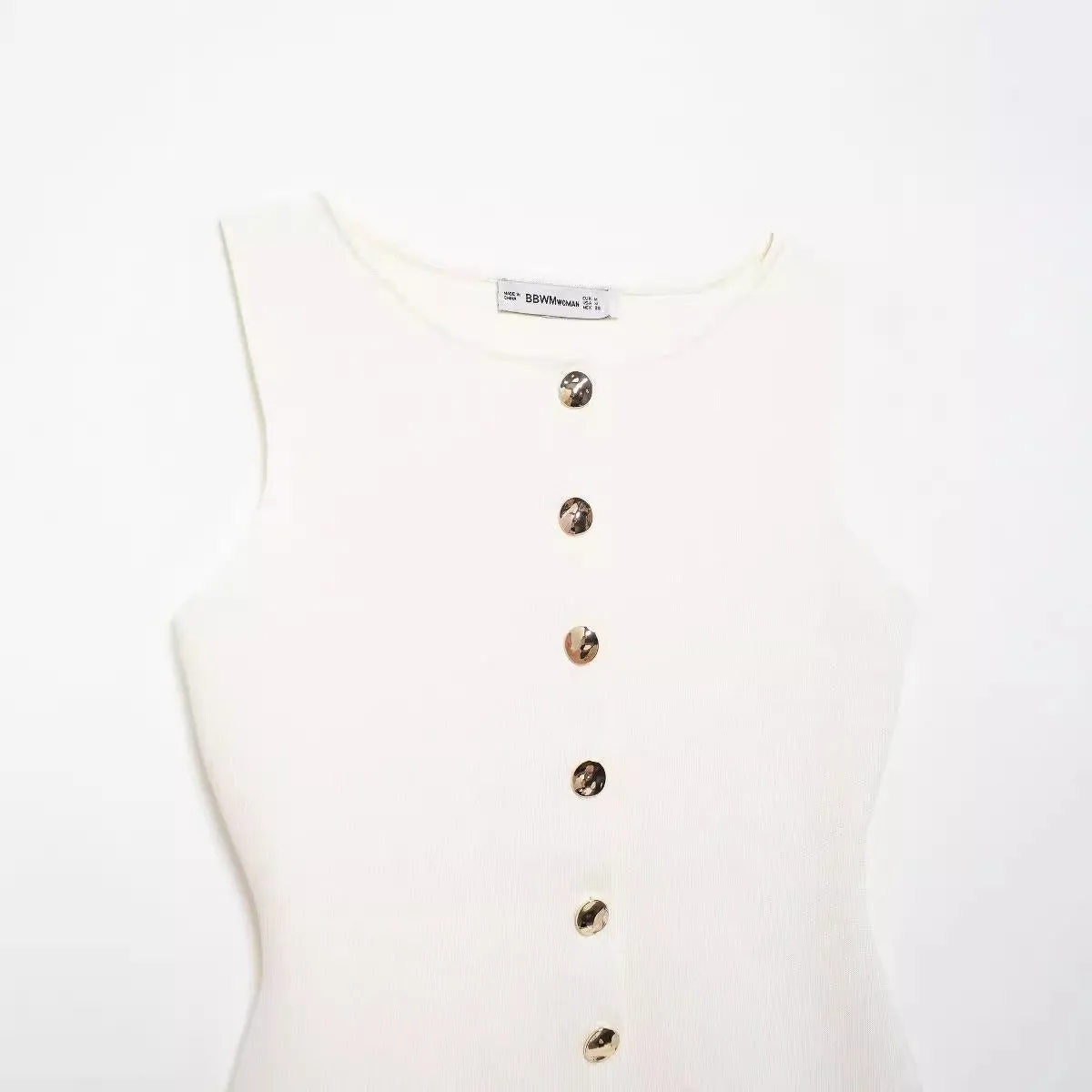 White Golden Button Embellished Flat Needle Vest Top