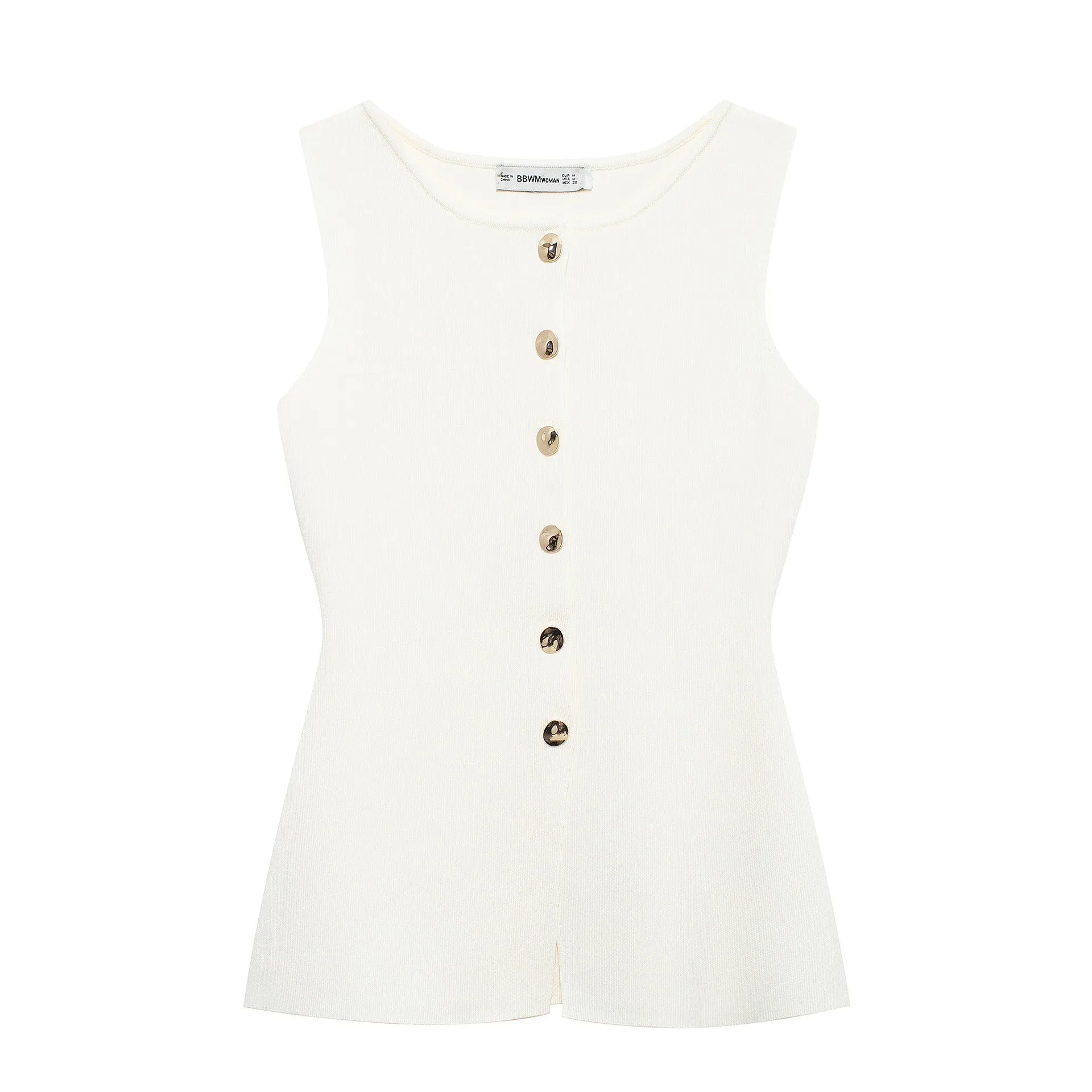 White Golden Button Embellished Flat Needle Vest Top