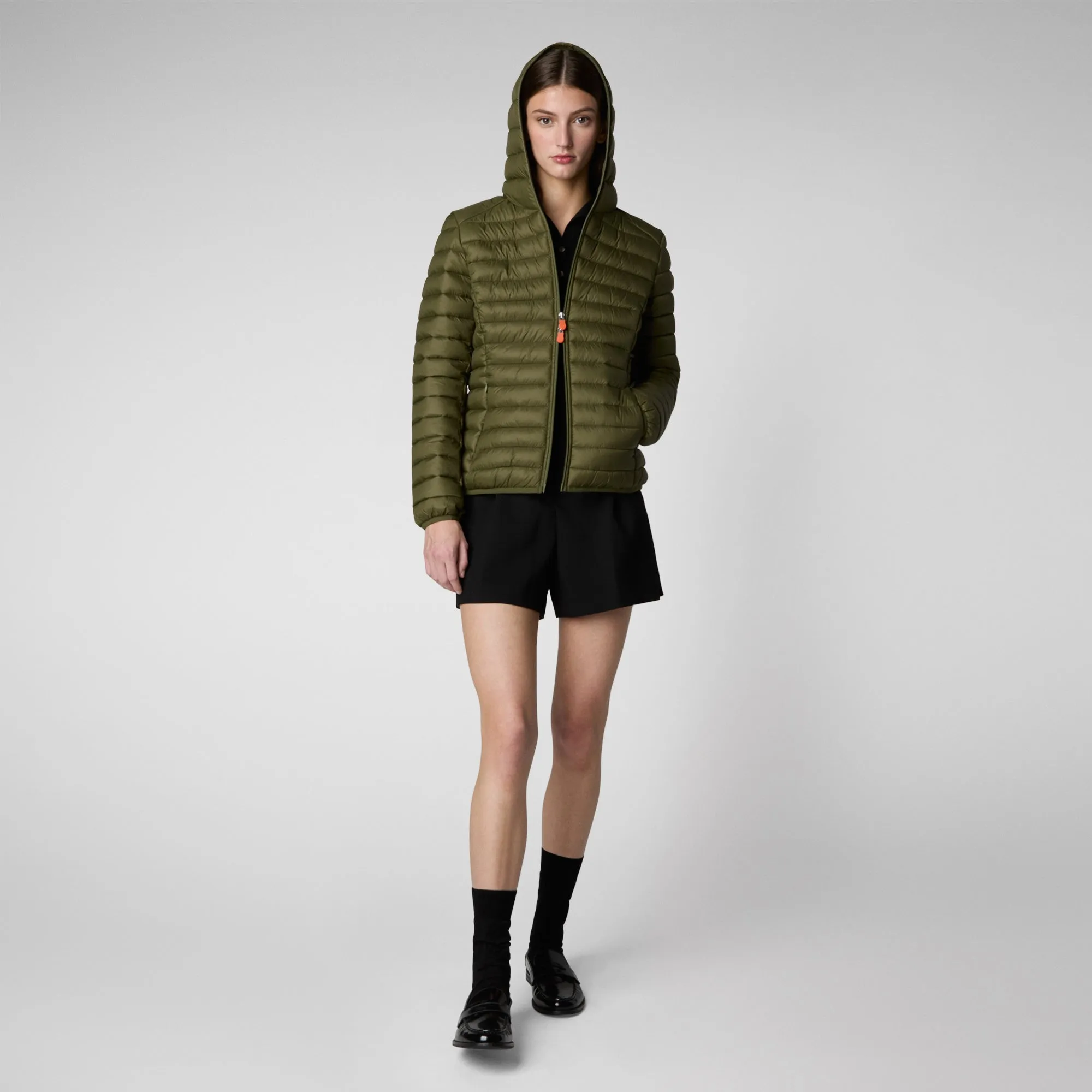 Women's Hooded Animal free Puffer Jacket Daisy in Dusty Olive