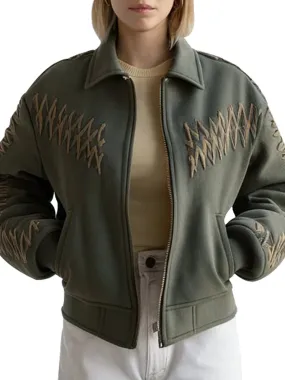 Women's Olive Green Embroidered Jacket